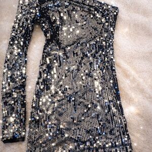 Cosmopolitan Black and Silver Sequin One-Shoulder Dress